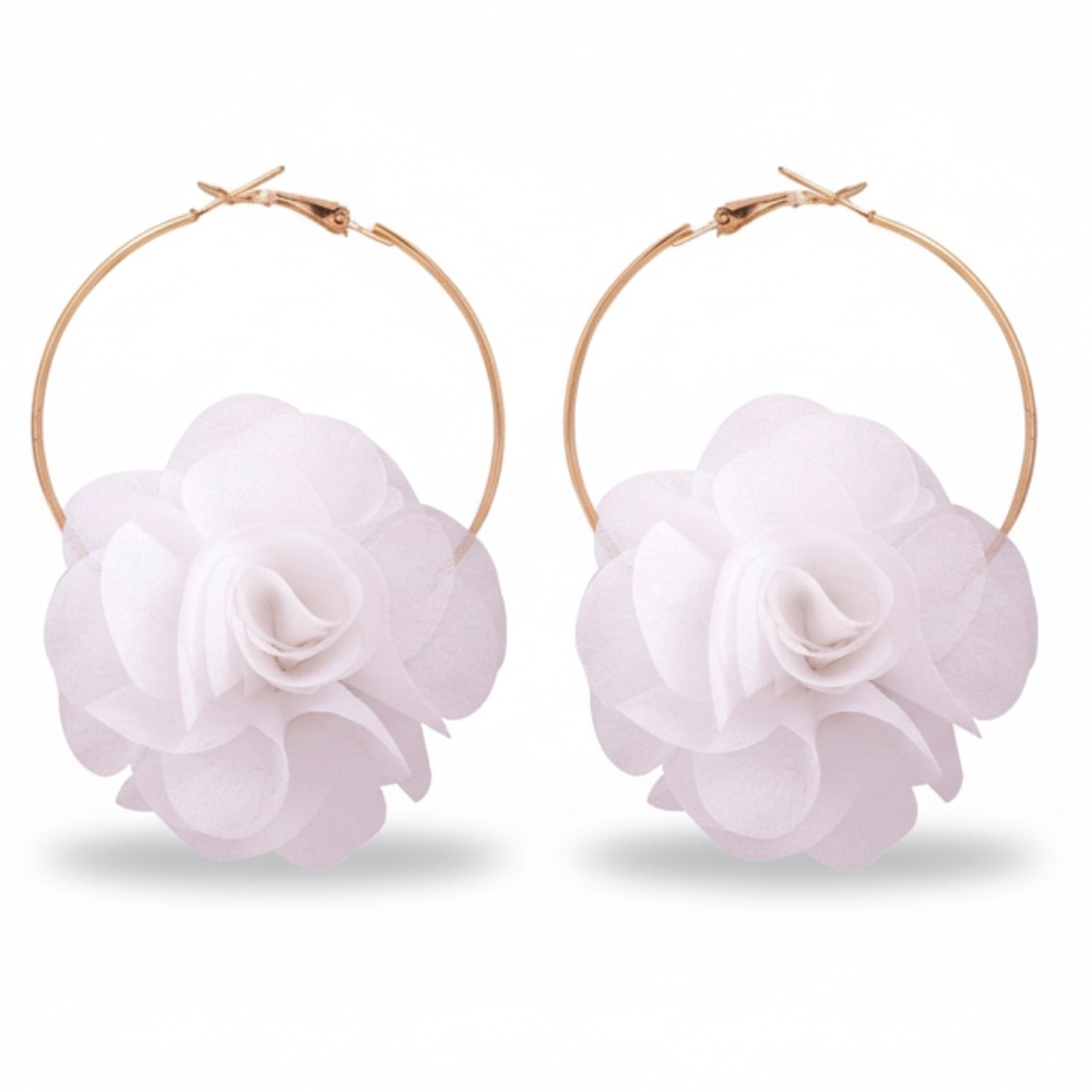 Womens‎ Gold Tone Hoop White Flower Earrings